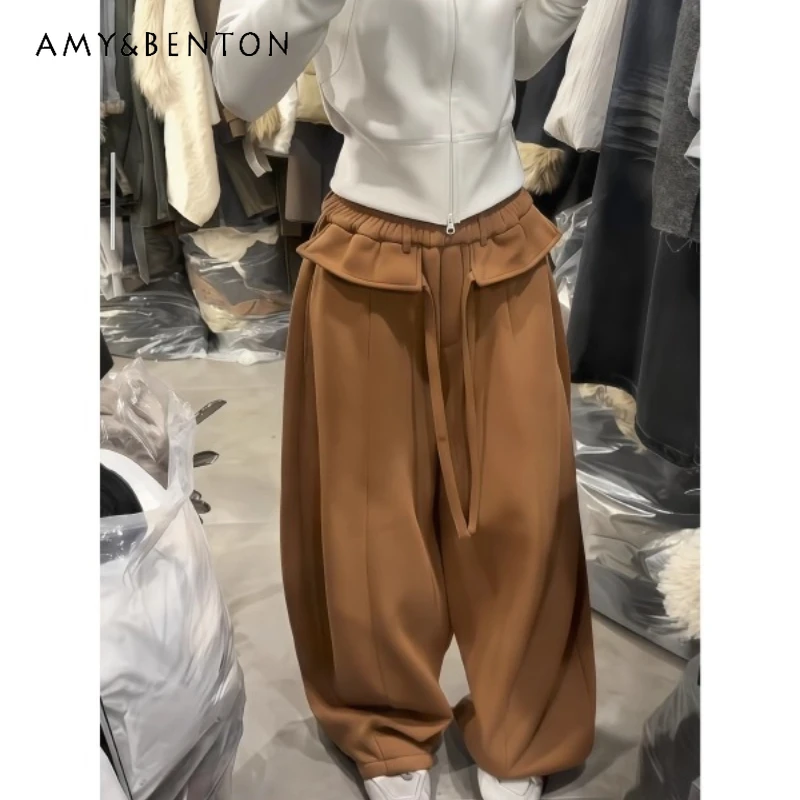 

American Retro Design Ruffled Edge Splicing Women's Sweatpants Winter Loose Drawstring Elastic Waist Loose Wide-Leg Pants Girl