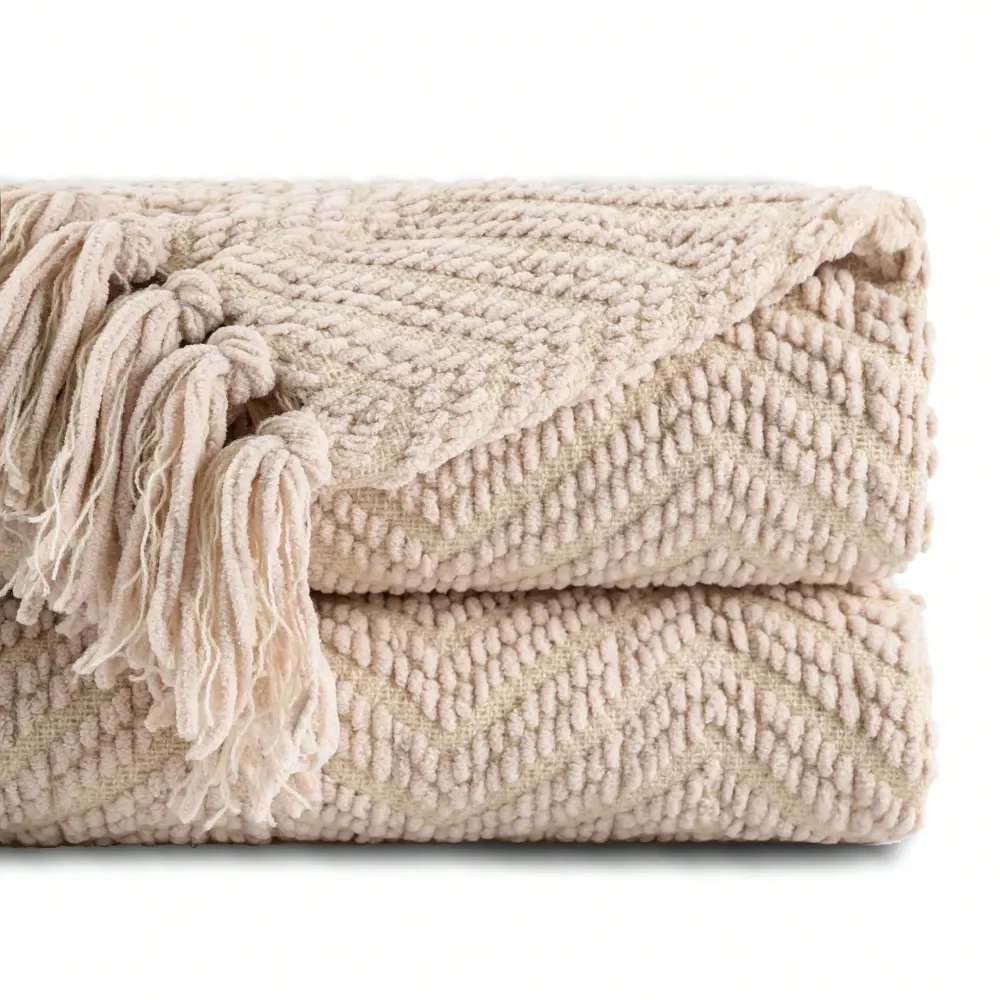 Knitted Throw Blanket For Couch, Sofa, Bed, Cozy Warm Tan Throws, Soft Knit Blankets For Farmhouse Party Outdoor Home Decor