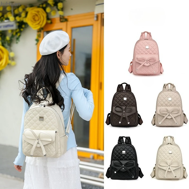 

Japanese Rhombus Embroidered Thread Bow Lolita Women's Bags 2025 New Fashion Leisure Large-capacity Portable Backpack for Female