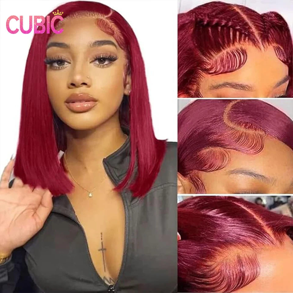 

Wine Red 99J Color Short Bob Human Hair Transparent 180% Density Full 13X4 Lace Frontal Wig Human Hair for Women Preplucked Wig