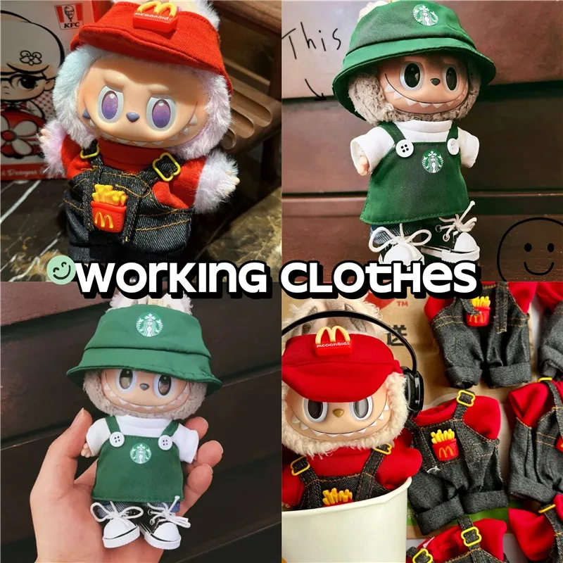 Ropa para muñeca Labubu de 15-17cm, conjunto de ropa de trabajo de café a la moda, serie de comida rápida, patatas fritas, hamburguesas, traje, accesorios de Cosplay