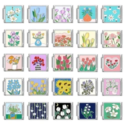 Y2K Charm Rose Sunflower Orchid Tulip Cherry Italian Charm Links Fit 9mm Bracelet Stainless Steel DIY Jewelry Making Wholesale
