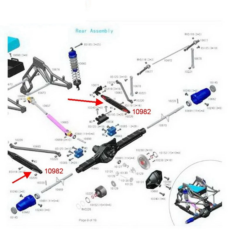 Varilla de soporte inferior de choque trasero 10982 para Control remoto de coche VRX RC, actualización compatible con RH1043/1045, diseño de eje trasero, tarjeta desierto