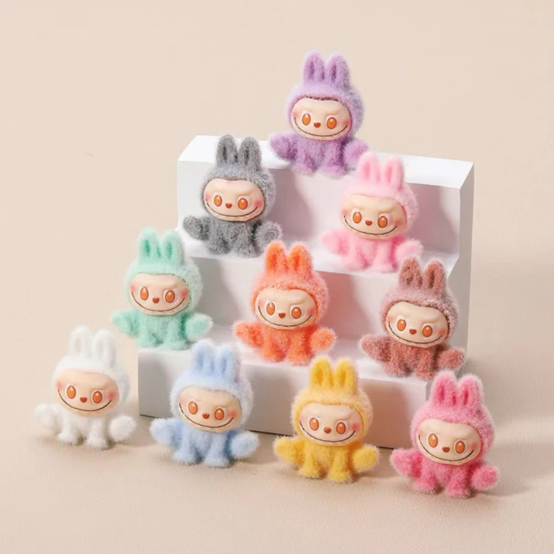 1Piece Random Mini Flocking Labubu Figurines Ornament Cute Cartoon Ornaments Micro Landscape Decor Lovely Desktop Decoration