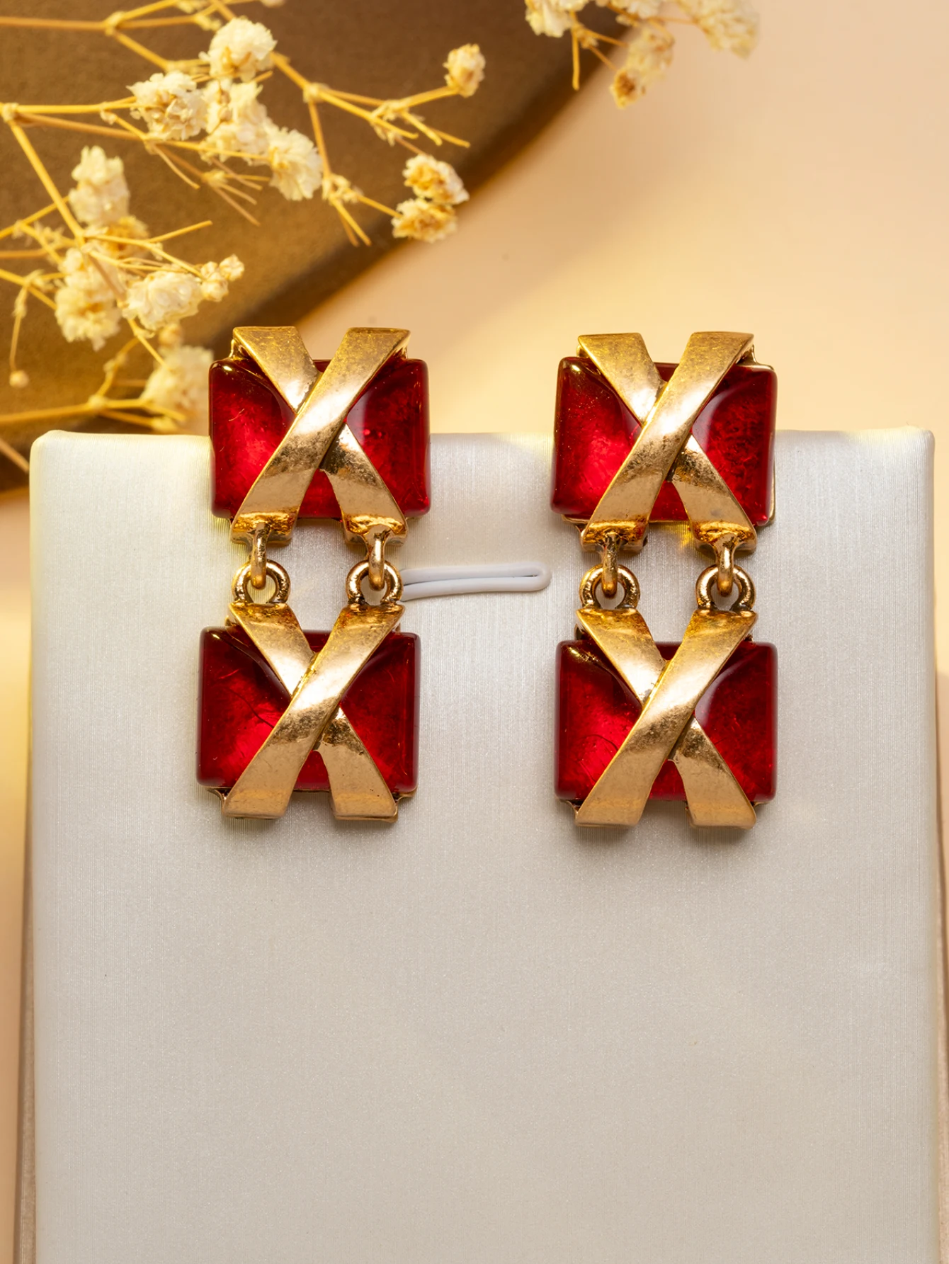 French-style vintage red crystal X-shaped cross earrings, double-layer geometric rectangular earrings