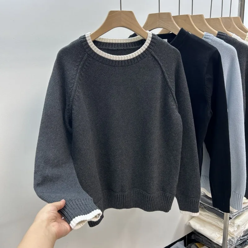 المرأة طاقم الرقبة سترة فضفاضة أنيقة الكورية نمط اللون منعت تنوعا طويلة الأكمام قاع محبوك