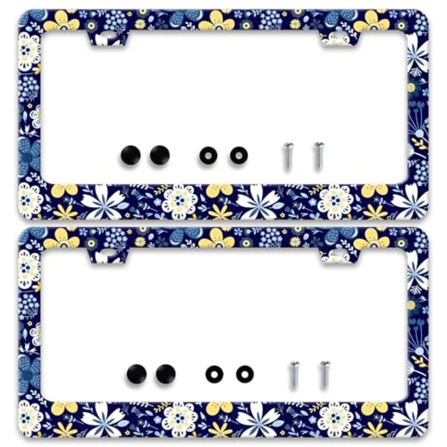 

2 Pcs Colorful Flowers License Plate Frame Floral License Plate Holder Personalise Stainless Steel Funny Design Compatible with