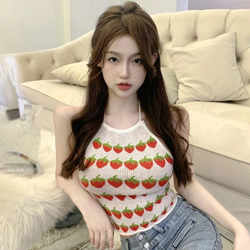 Women   Strawberry  Camisole For  Knitted Tank Tops Korean Version Holiday Style