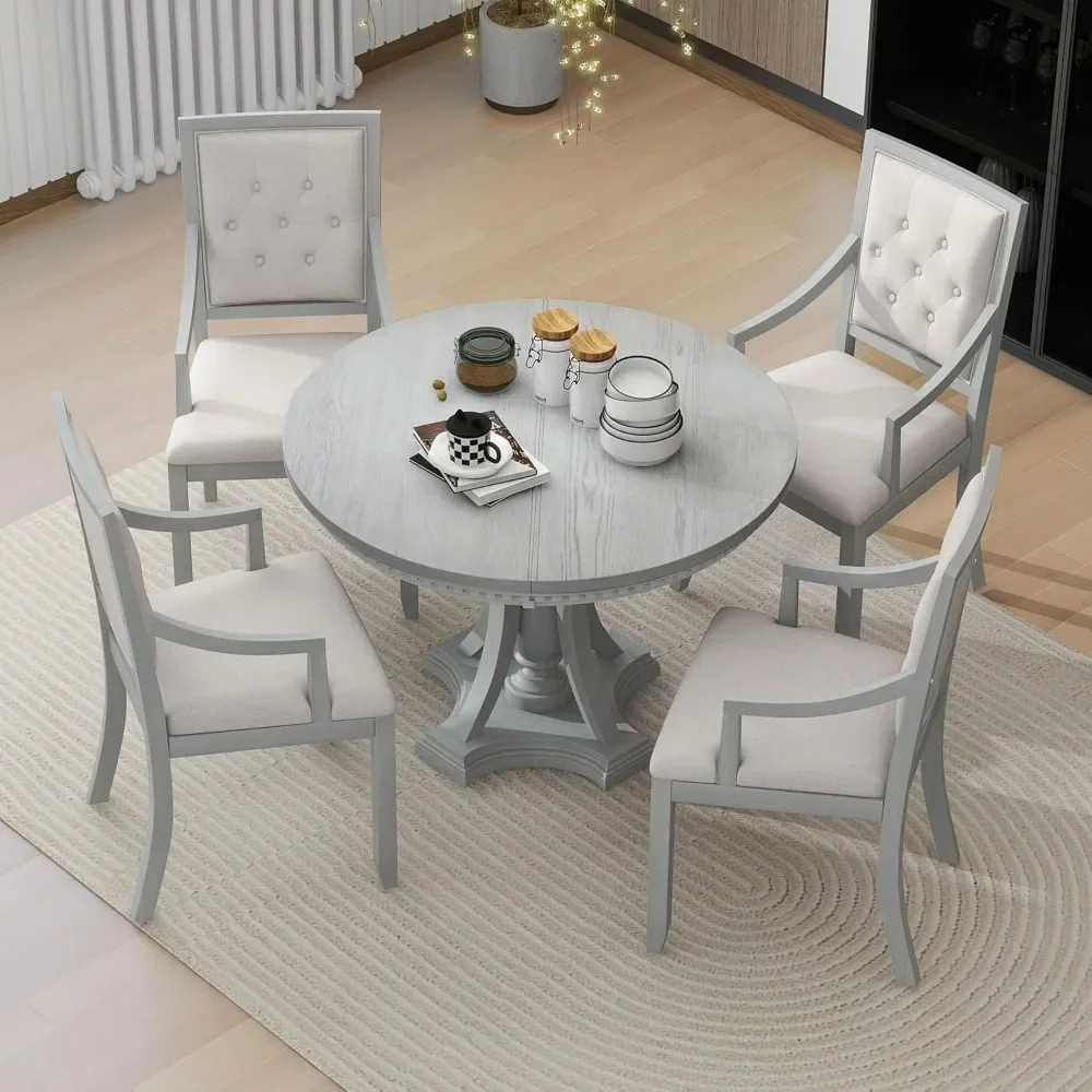 Retro 5-Piece Dining Set with Extendable Round Table and 4 Upholstered Chairs, Curved Armrests, (Antique Gray/2)