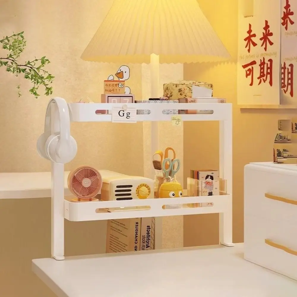 

Carbon Steel Countertop Shelf 2 Tiers Clamp-On Desk Stand No Drill Multi Functional Layered Bookshelf Desk Organizer