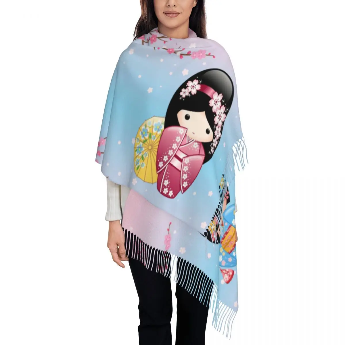 Custom Kawaii Kokeshi Doll Tassel Scarf Women Soft Japanese Kimono Geisha Girl Shawls Wraps Ladies Winter Scarves