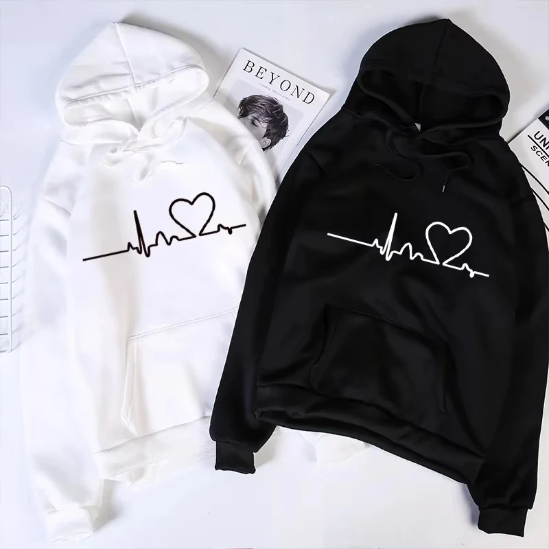 New Women's 2026 Casual Hoodie Autumn_winter Heartbeat Print Men's Loose Hoodie Couple Sweatshirt Women's Hoodie Top Streetwear
