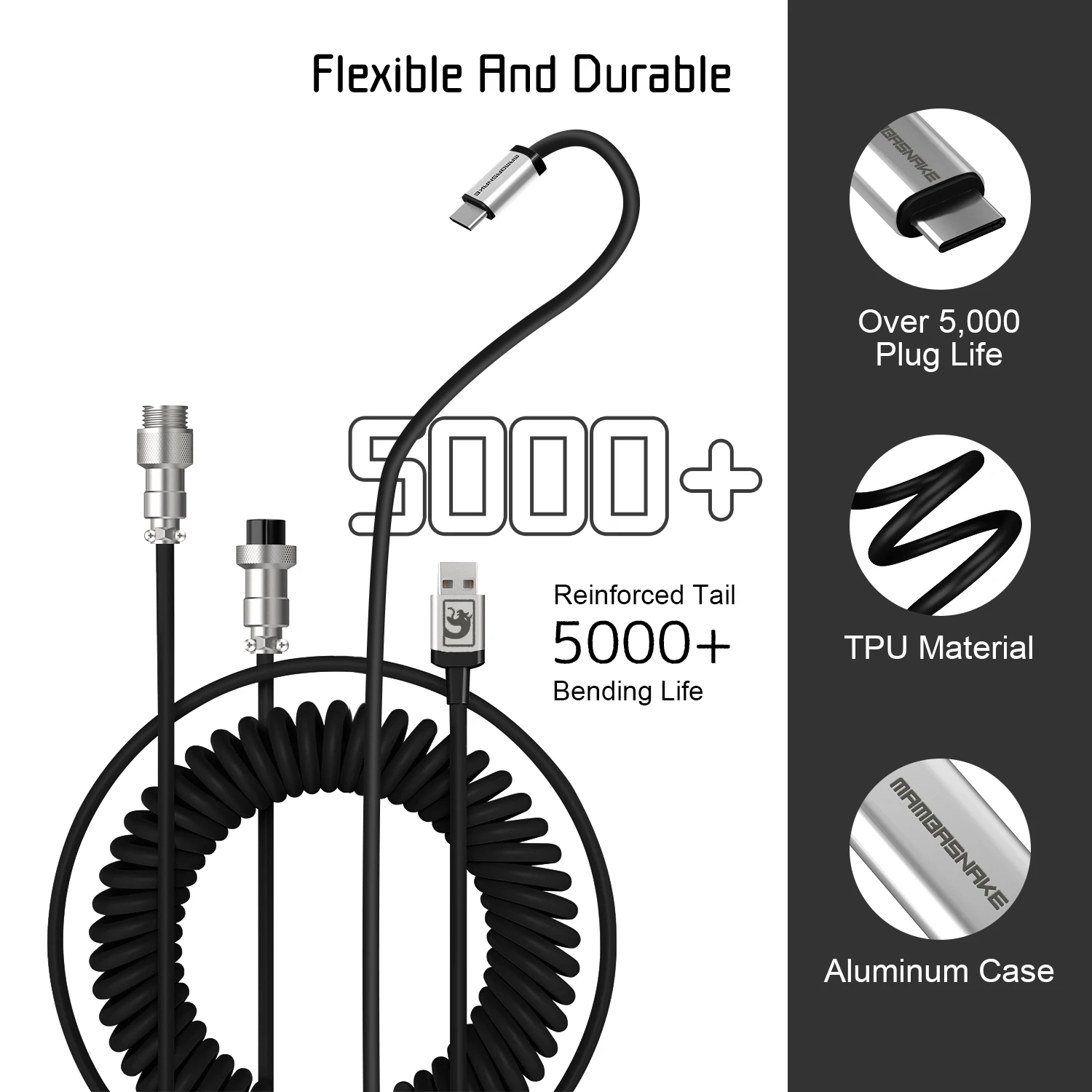 MAMBASNAKE C01 USB-C Coiled Aviator Cable Detachable 4-Pin Aviation Connector Type-C to USB-A for Gaming Keyboard PC Laptop