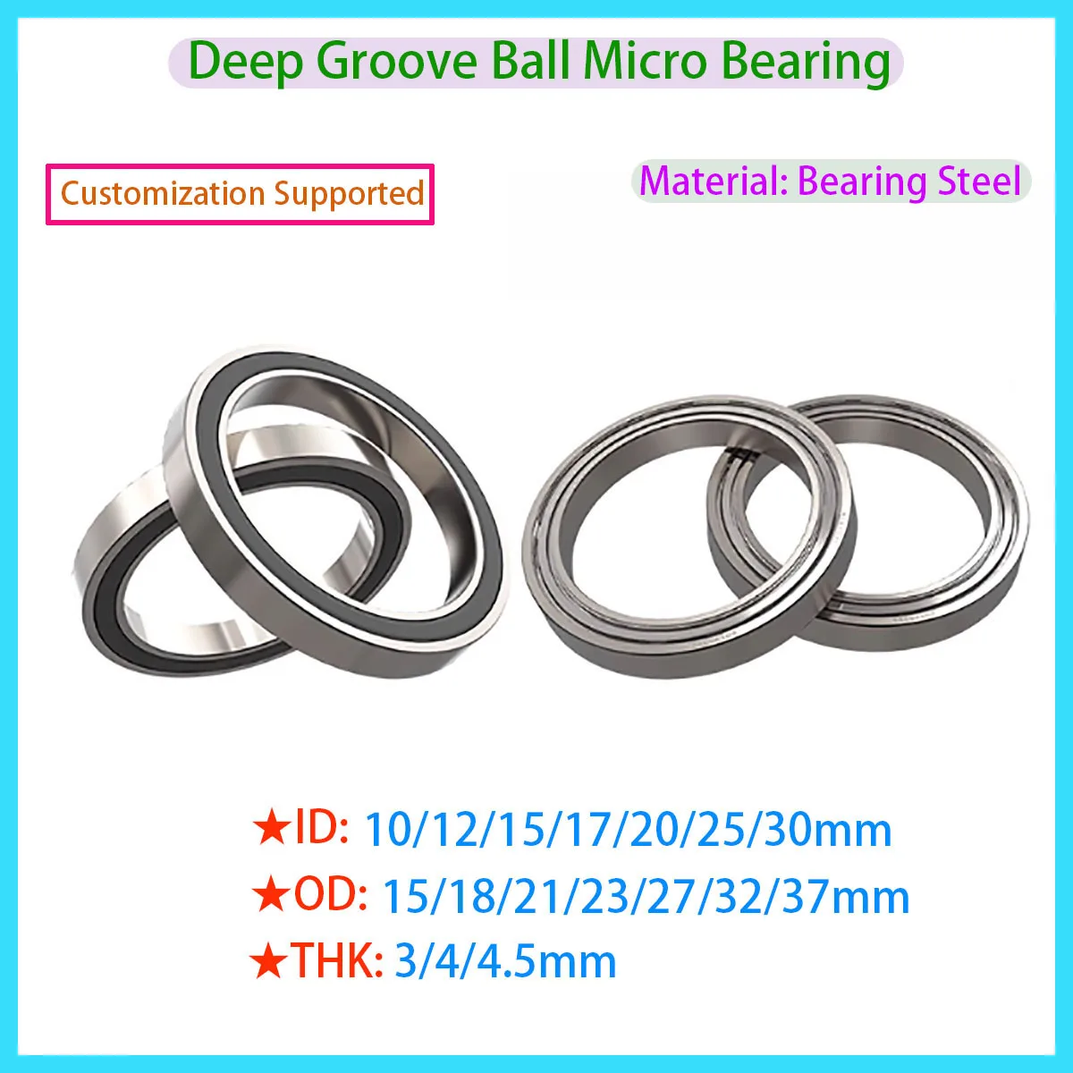Thin Walled Metal Shielded Bearings, Rubber Sealed Ball Bearings, Inner Diameter 10/12/15/17/20/25/30mm