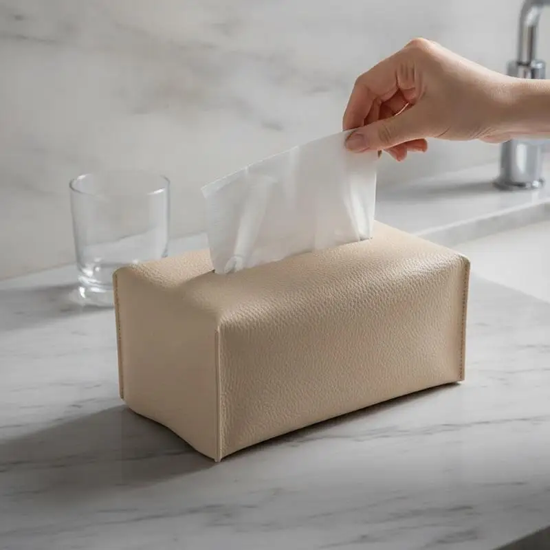 Foldable PU Leather Tissue Box Cover Easy to Clean Decorative Holder for Kitchen Counter Office Desk