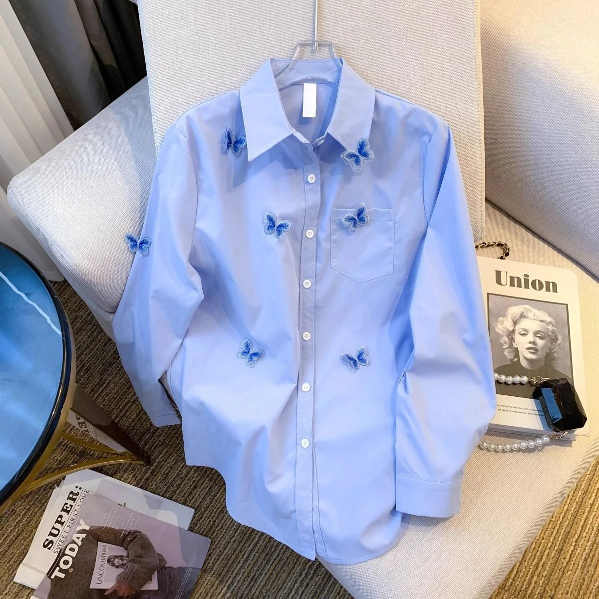 

3D Bufferfly Retro Shirts Women Loose Casual Korean Blue Blouse Long Sleeve Sweet Female Design Elegant Spring Tops New