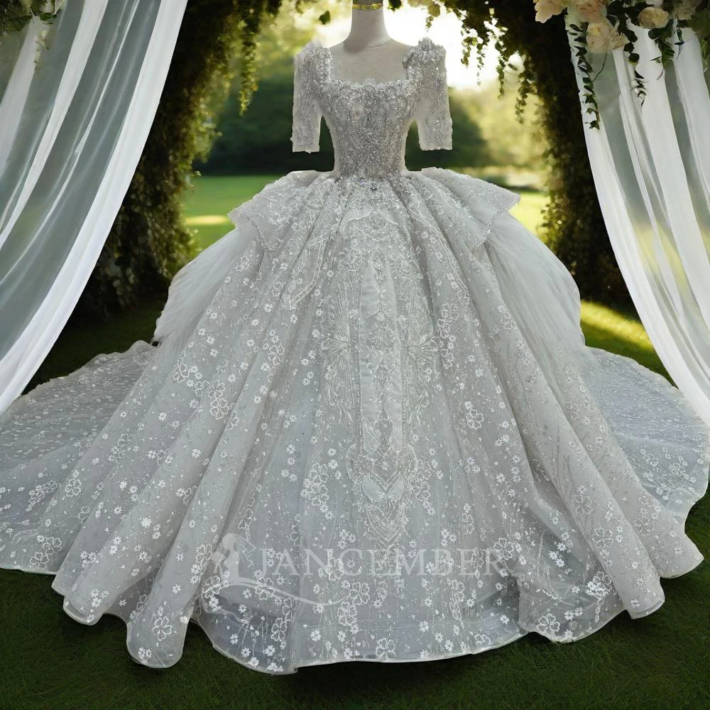 

Jancember Luxury Fascinating New Square Collar Wedding Dresses Sequin Lace Backless Beading Bride Gowns vestidos de novia MN236