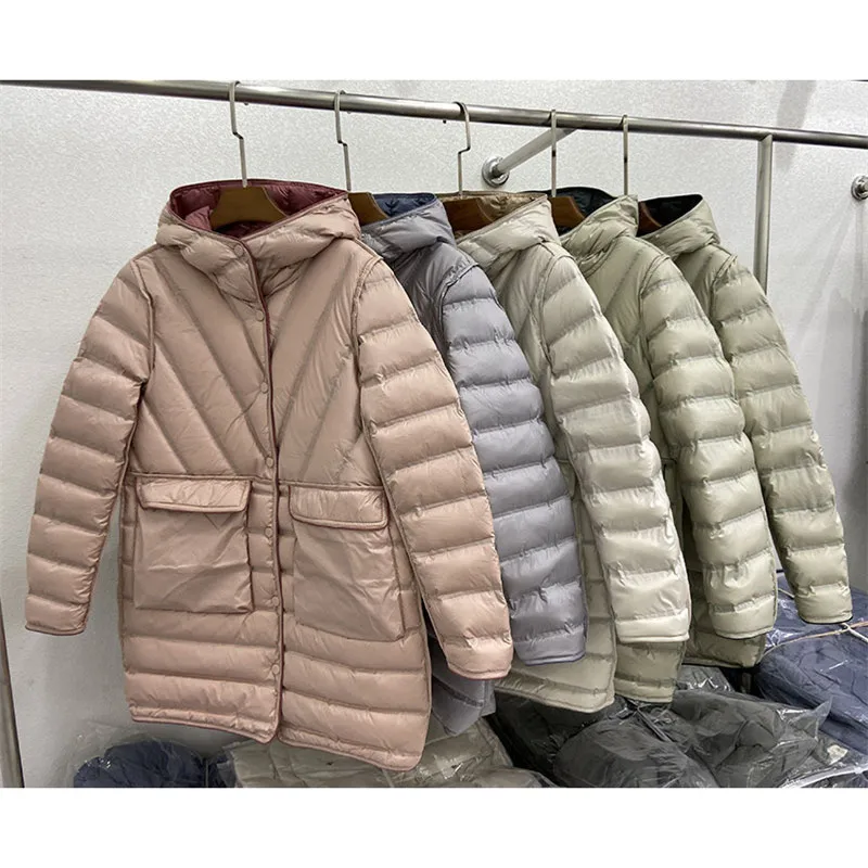 Reversible Hooded Down Coat 2023 Autumn Winter Women Light White Duck Down Jacket Parkas Ladies Warm Midi Long Puffer Outwears