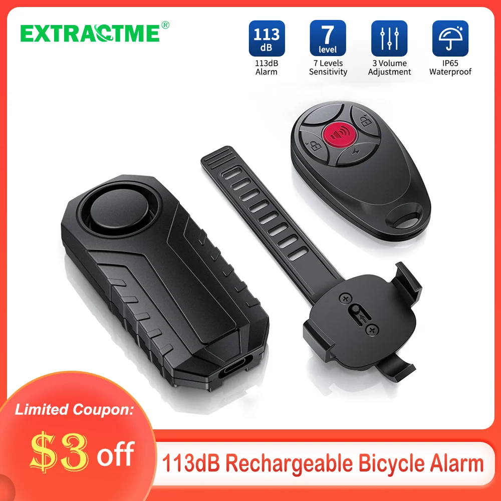 

Extractme Bicycle Alarm 113dB USB-C Charge Anti Theft Motorcycle Bike Alarm With Bracket IP65 Waterproof Wireless Remote Control