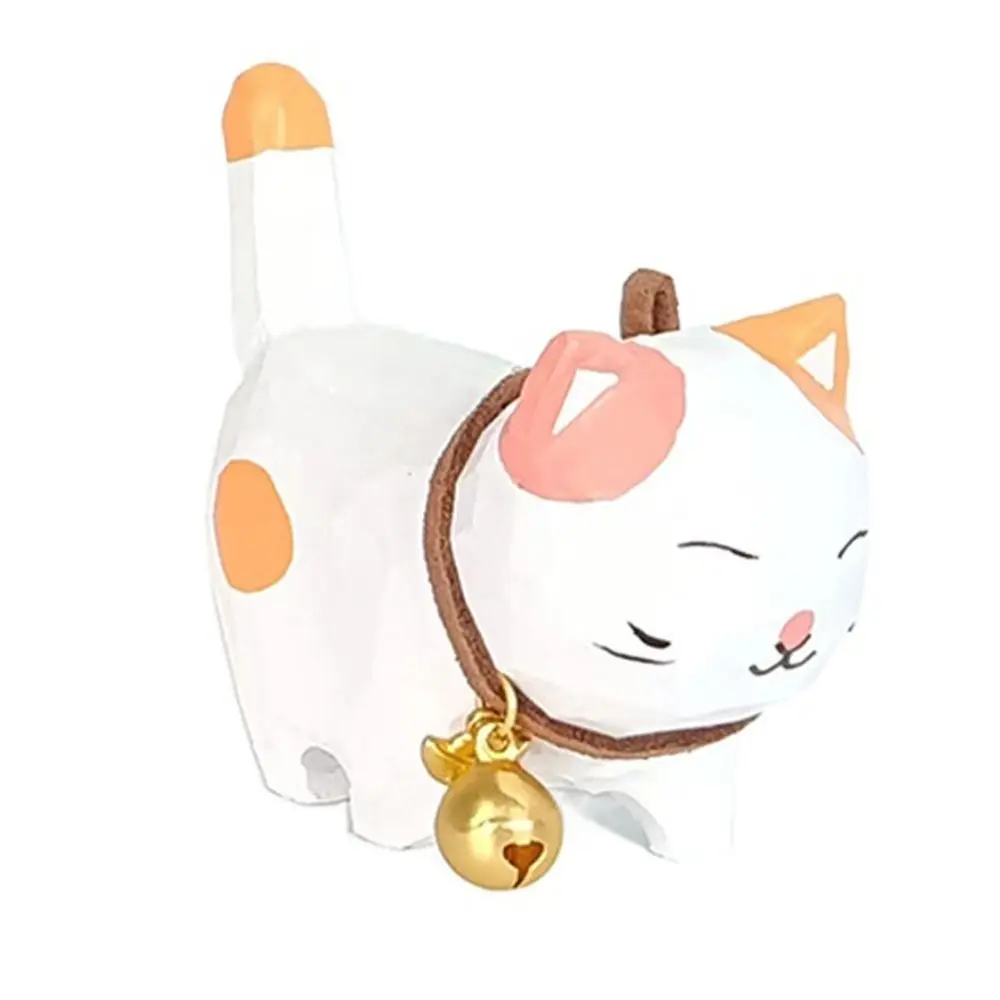 Bell Cat Wood Carving Cat Ornament Solid Wood Simple Style Painted Cartoon Cat Sculpture Handmade Small