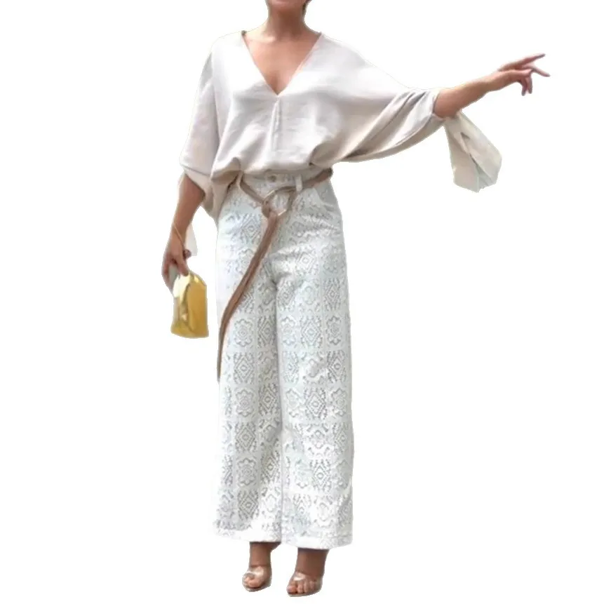 Comfortable Casual Women's Two Piece Set V-neck Leace-up Bat Sleeve T Shirt Lace Crochet 2 Piece Sets Fashion Female Clothing