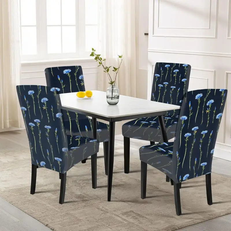

Elastic dining chair cover, floral wind blue chicory flower print, for hotel banquet home decoration