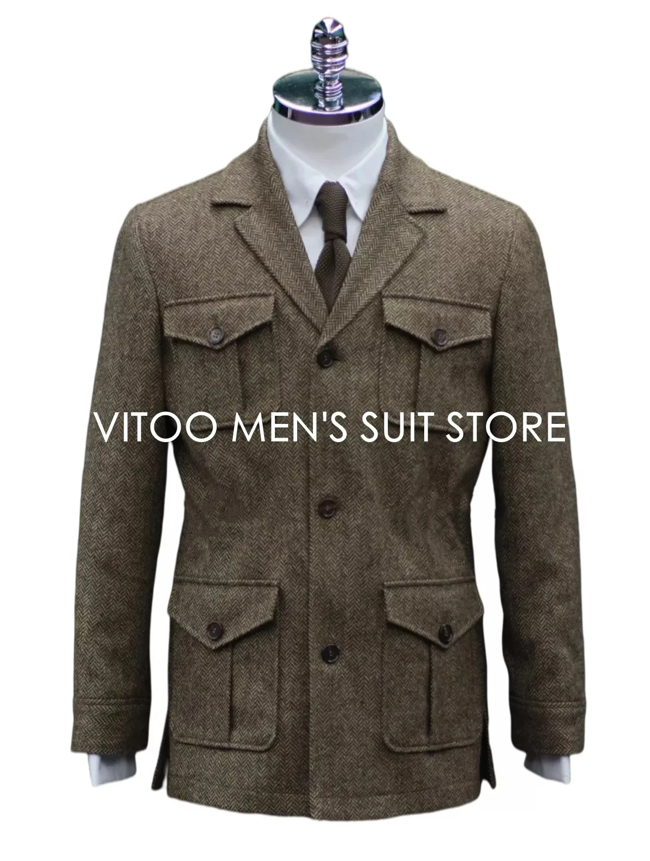 

Classic Safari Jacket With Four Envelope Pocket Winter Tweed Herringbone Men Suits Unique Design Casual Male Clothing Coat+Tie