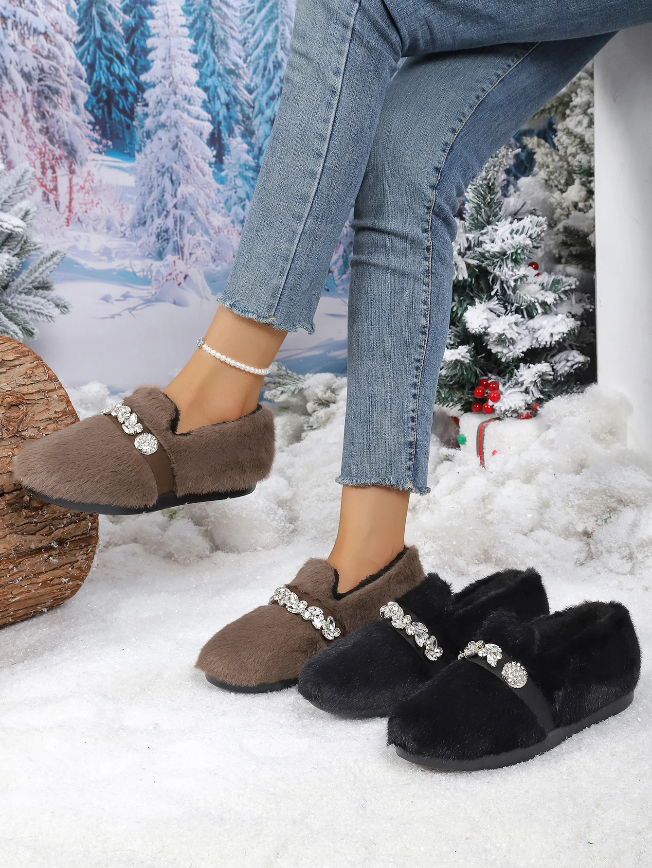 Damenstiefel, Pelzstiefel, Winterstiefel, flauschig, mit Strassverzierung, zum Hineinschlüpfen, warm, mit Fleece gefüttert, weiche Sohle, lässige Outdoor-Damenschuhe – Detail 1