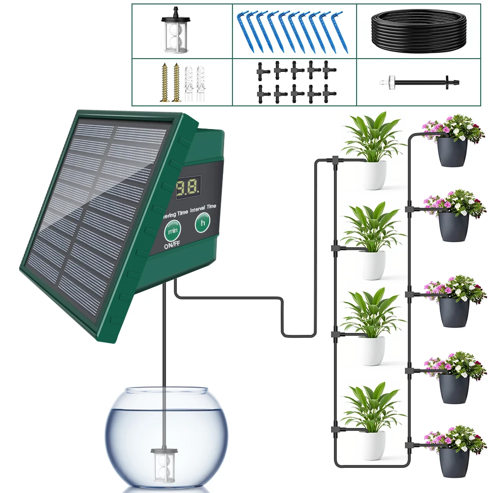 Solarbetriebenes Tropfbewässerungssystem Automatische Bewässerungsvorrichtung für Topfpflanzen Garten Selbstbewässerungsset Intelligenter Timer Pumpe IP65