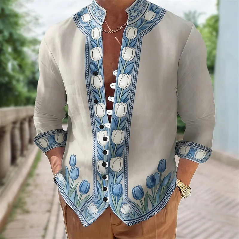 New men's Long Sleeved Shirt With Harajuku Style 3D Flower Print Long Sleeved Color Block Pattern Top Shirt