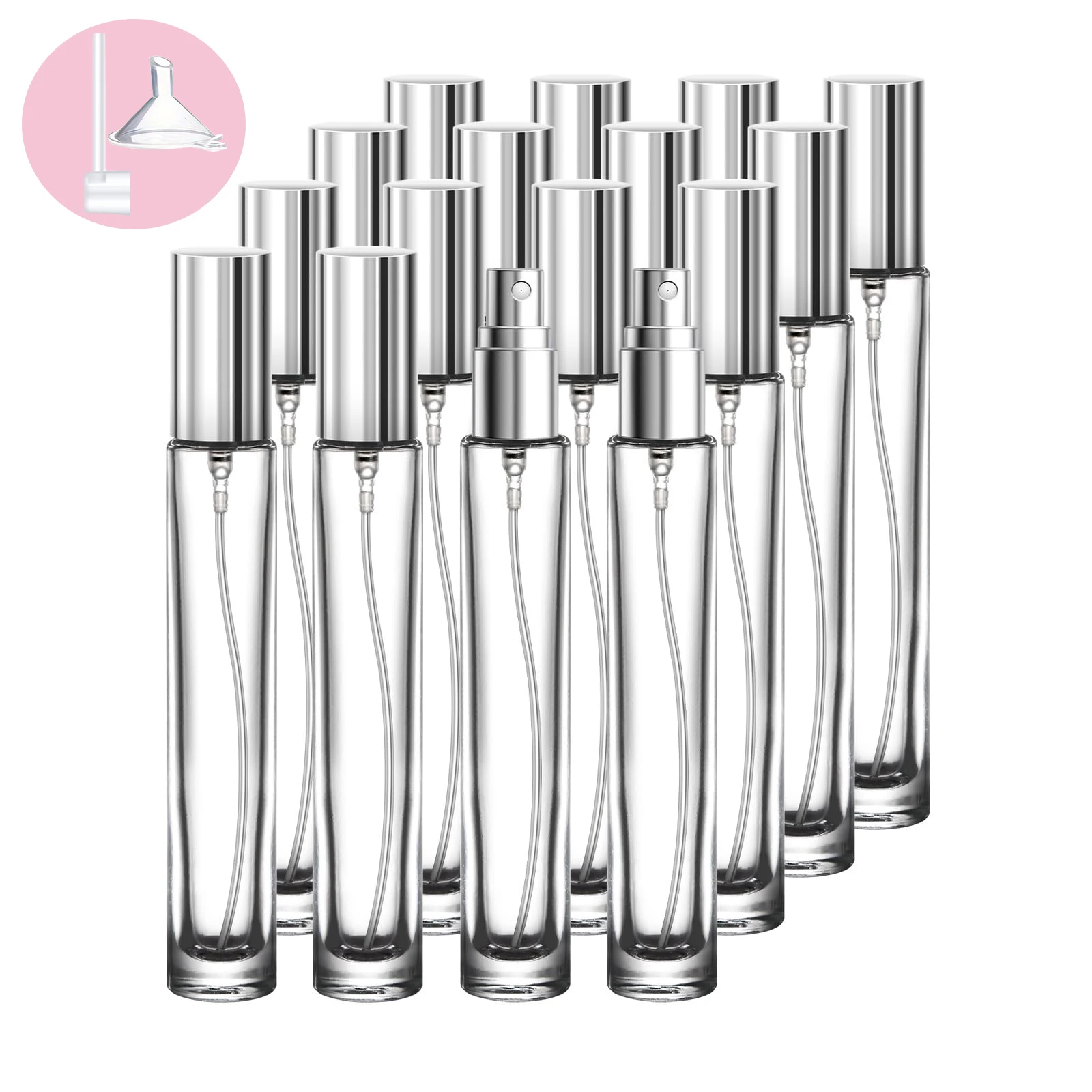 16 empty 10 ml perfume bottles, reusable round glass spray, with funnel, transfer pump and label, for samples, silver cover.