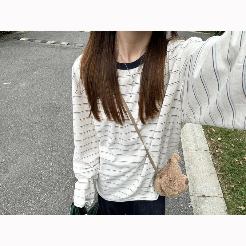 Camiseta de manga larga con estampado de rayas para niña, ropa interior, capa Base, Tops holgados para mujer, Tops de moda, abrigo elegante de gran tamaño