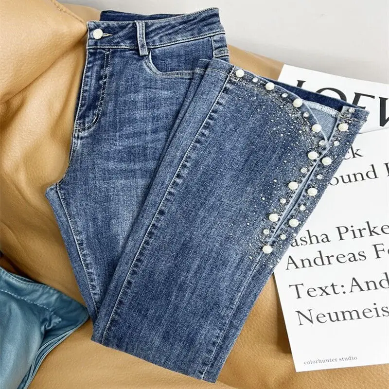 

High Waist Flared Jeans Women's Diamond Embellished Retro Hong Kong Style Heavy Work Spring Summer 2024 New Arrival