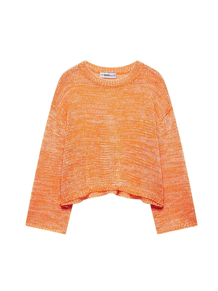 

KUCLUT Women Fashion Orange See Through Knitted Pullover Sweater Vintage O-Neck Long Sleeves Female Chic Lady Tops