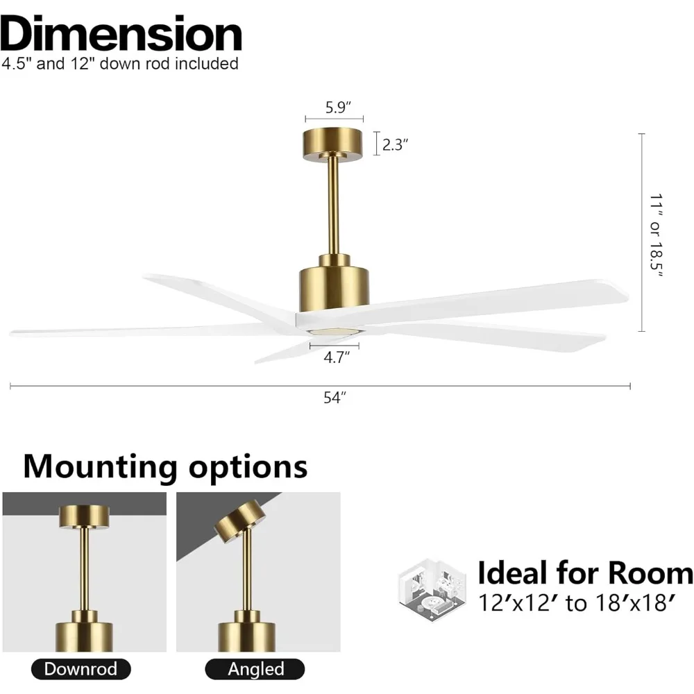 مروحة سقف بالتيار المستمر بدون أضواء ، بدون إضاءة مع تحكم عن بعد ، تشطيب نحاسي ، شفرات بيضاء ، 54 بوصة