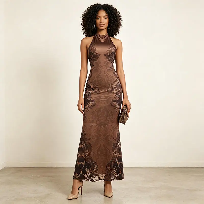 Sexy Backless Rope Drawstring Neck Long Dress Slim Fit Print Summer Women's Bodycon Dress Cross-Border A-Line Skirt