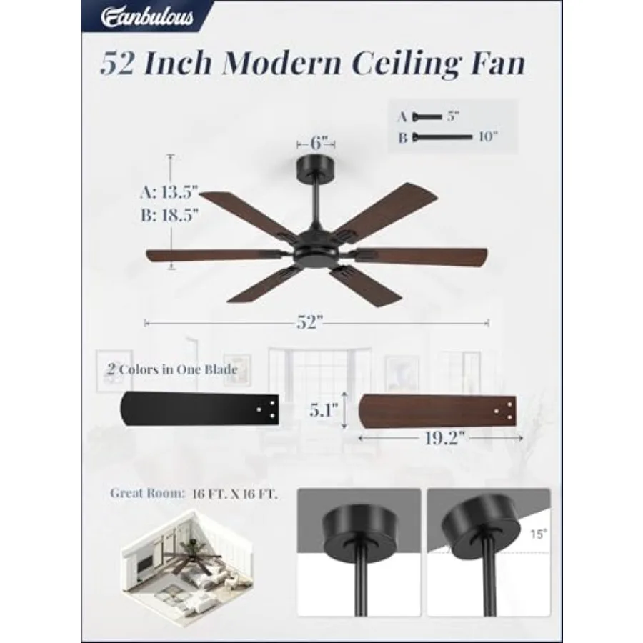 52 Inch Ceiling Fans No Light with Remote, Modern Ceiling Fan Without Light, Dual Finish 6 Blades, Reversible Quiet DC Motor, 6