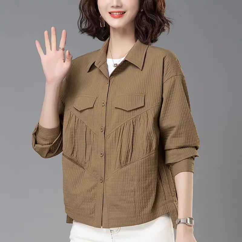 Casual Solid Color Loose Shirt Women's Clothing Single-breasted Spring Autumn New Commute Polo-Neck Stylish Folds Spliced Blouse