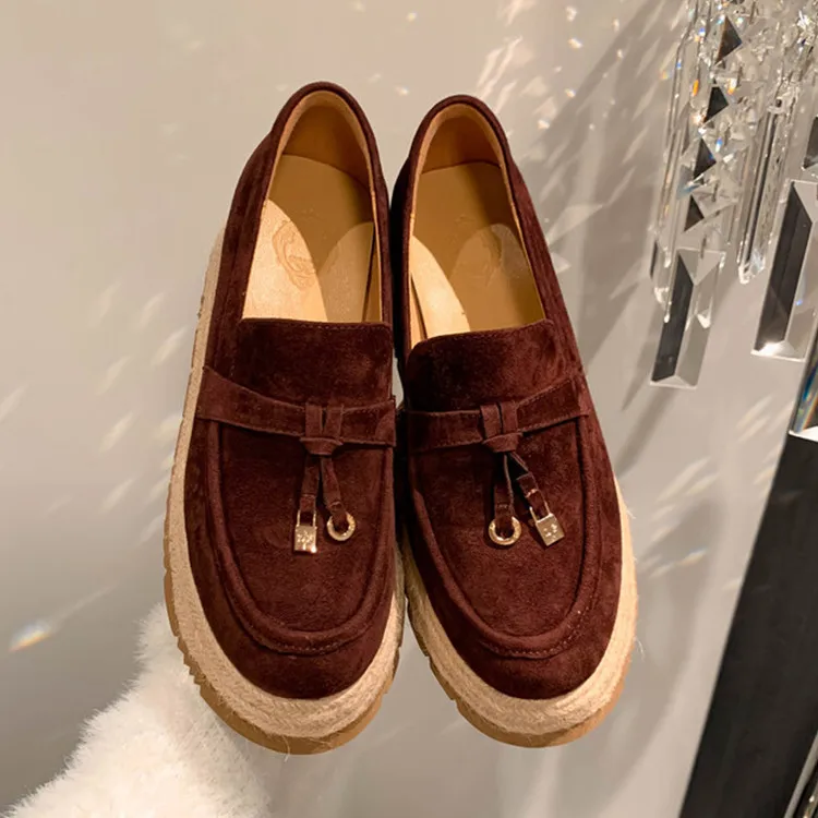 

Vintage Brown Suede Women Platform Flats Slip On Straw Weaved Casual Loafers Apricot Height Increasing Sneakers Zapatos Femmes