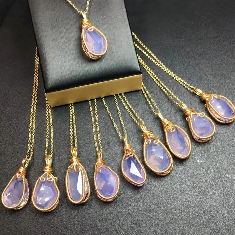 Natural Mauve Jade Copper Wire Pendant Healing Jewelry Crystal DIY Necklace Women Jewelry Accessories Romantic Holiday Gift 1PCS