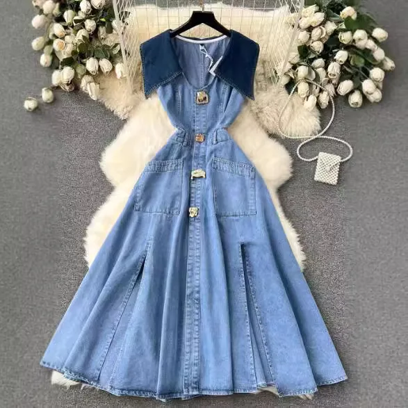 

2025 Fashion Large Lapel Sleeveless Vest Dress Women Sexy Hollow Waist Slim Fit Long Retro Denim Dress