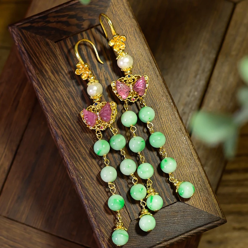 Natural Jade Tassel Earrings Sterling Silver Gold-plated Tourmaline Butterfly Earrings Retro Chinese Style