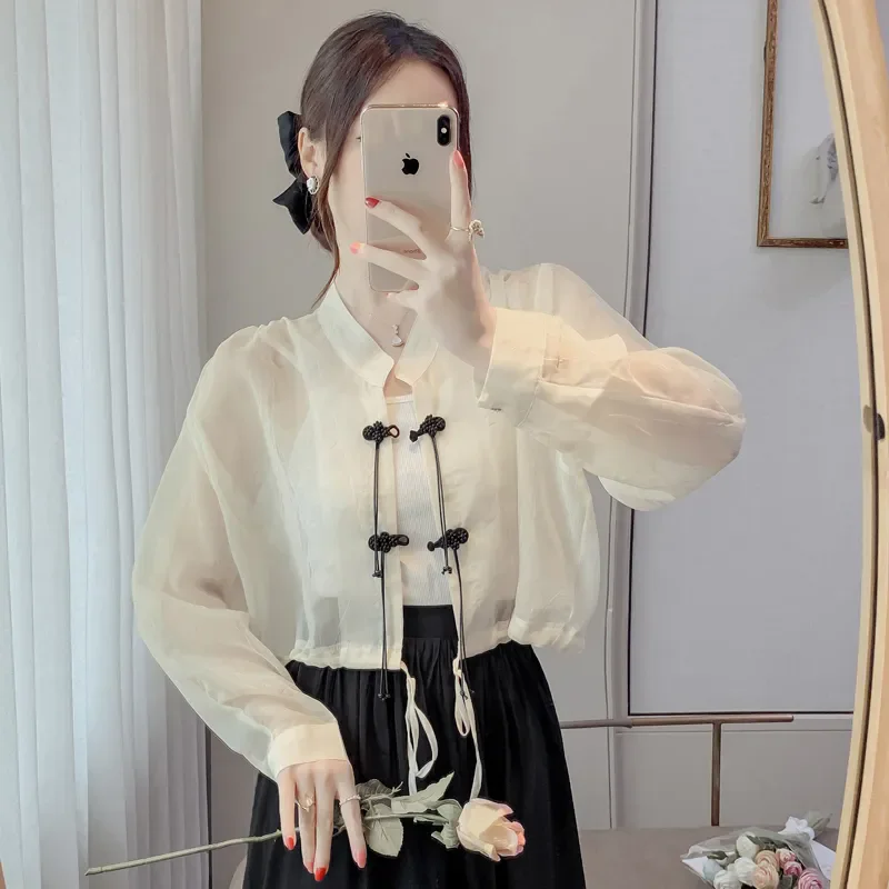 Chinese Style Buckle Sun Protection Shirt For Women's Chiffon Summer Thin Transparent Long Sleeve thin Top