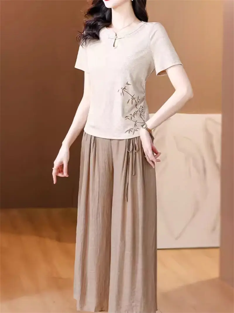 

Mom's Summer Outfit 2024 New Chinese Style Retro Printed Short Sleeved T-Shirt Wide Leg Pants Casual Suit For Women K1856