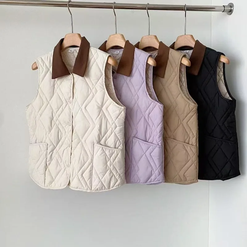 Women Ultralight Sleeveless Jacket Loose Patchwork Contrasting Collar Warm Vest Casual Button Closure Quilted Short Waistcoat