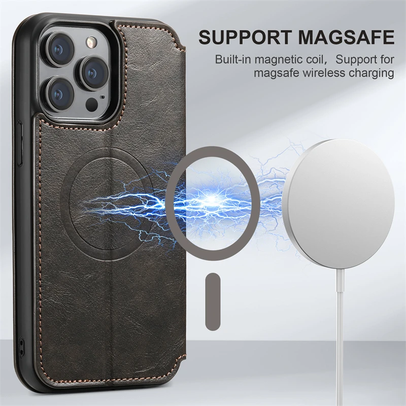 Slim Fit Premium Leather Wallet Case For iPhone 16 Pro Max 14 12 13 15 Pro Max Card Slots Magnetic Wireless Charge Flip Cover