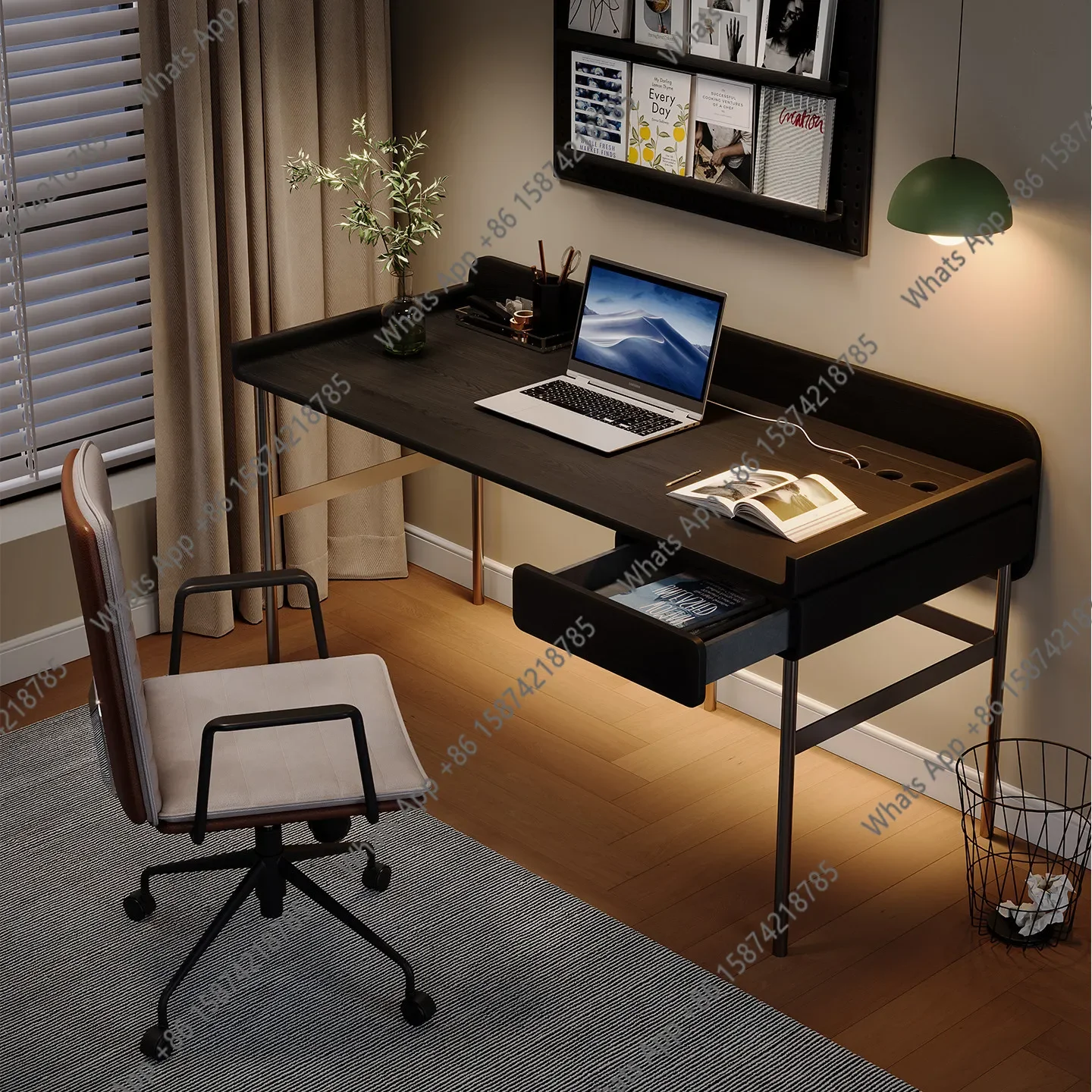 

U Solid Wood Desk, Bedroom Computer Desk, Home Office Desk, Stainless Steel Foot Design Sense Of High-end