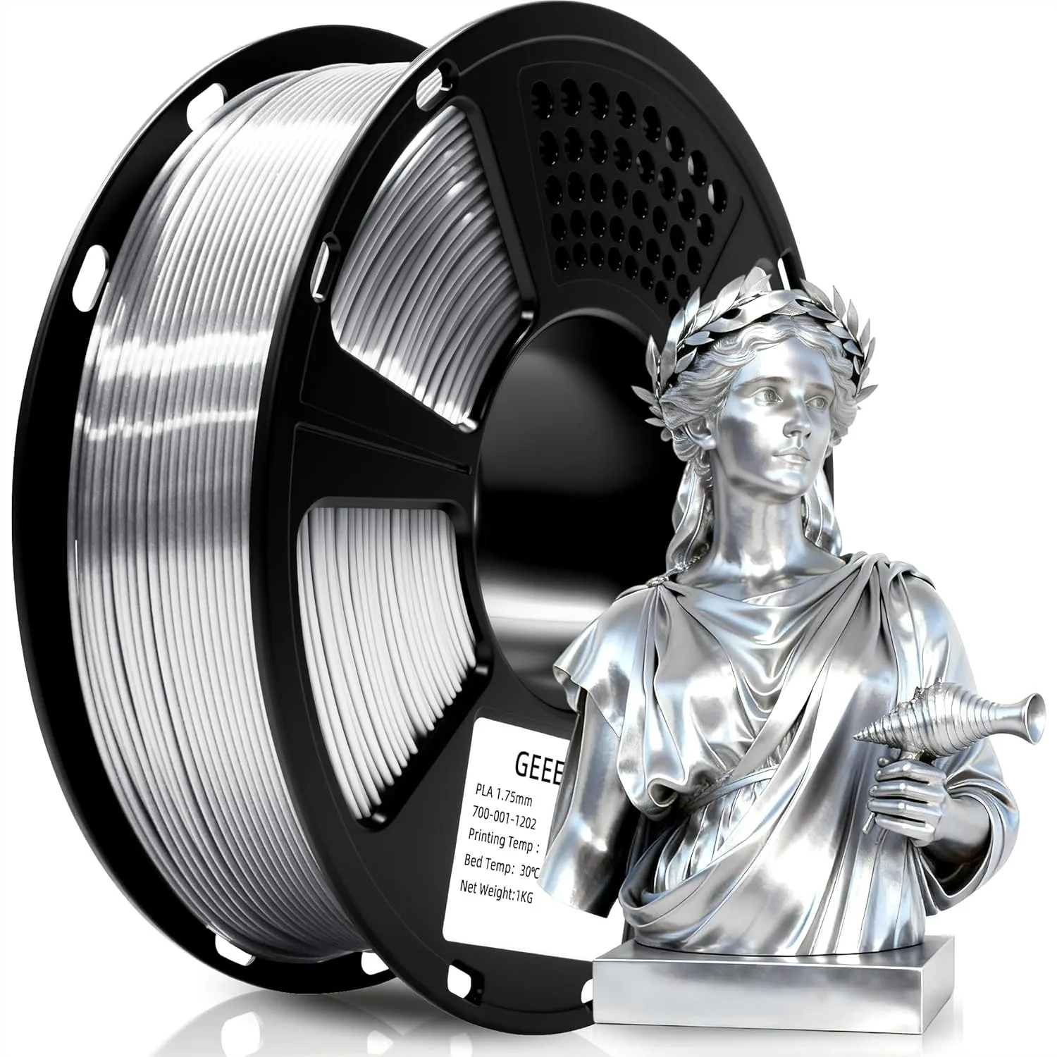 

Silk PLA Filament 1.75mm for 3D Printer, Metallic Silver Shiny, 1kg Spool, High Accuracy +/-0.02mm
