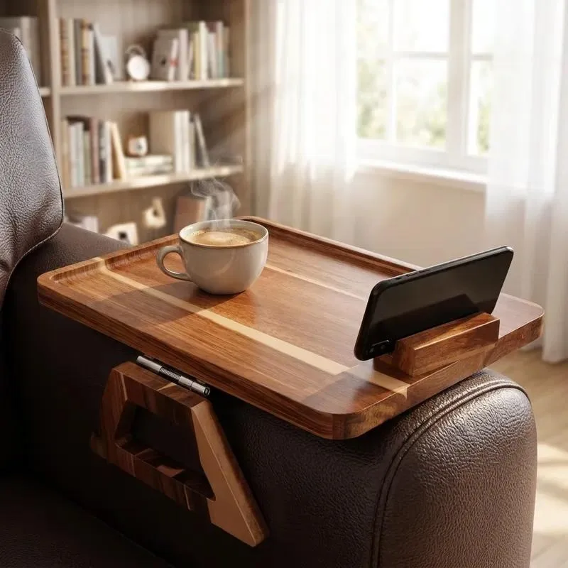 Custom Clip On Armrest Table Acacia Sofa Tray with 360 Degree Rotatable Phone Holder for Snacks and Drinks