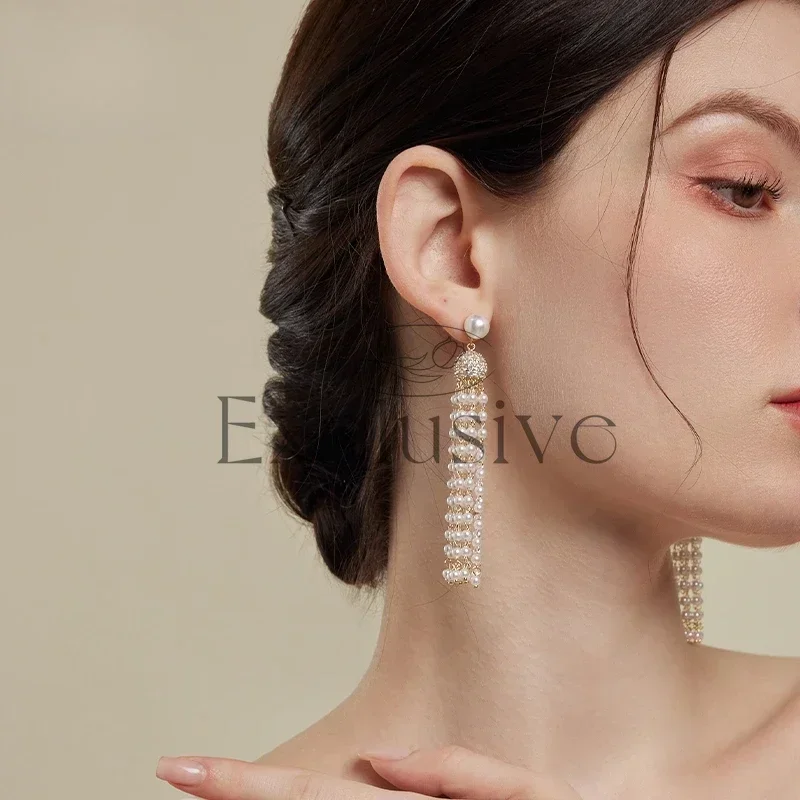 Tassel pearl earrings women's light luxury high-end long stud earrings atmospheric spring earrings